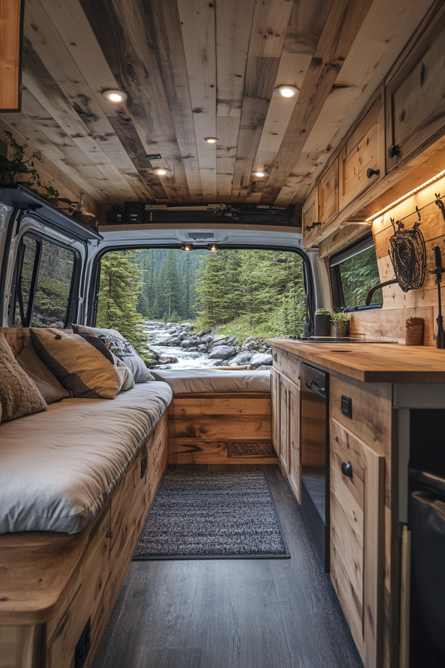 Dodge Ram Van interior. White oak cabinetry with hidden pulls near a mountain stream camp.
