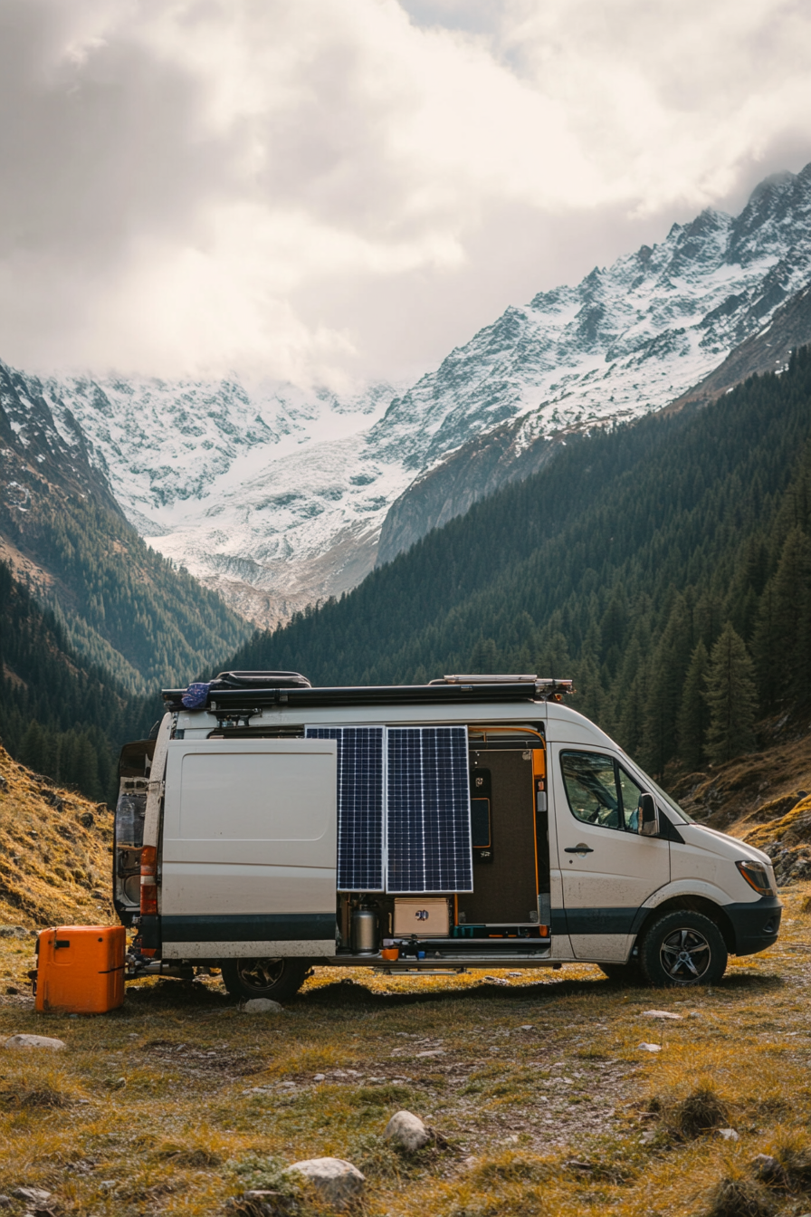 Sprinter setup. Solar system panel, freshwater filtration system integrated, located remote mountainous terrain.