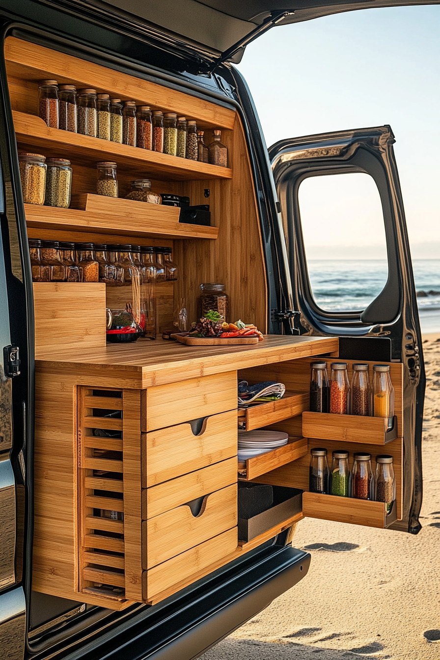 Mercedes Sprinter interior. Bamboo fold-down counter with vertical spice racks near a beach.