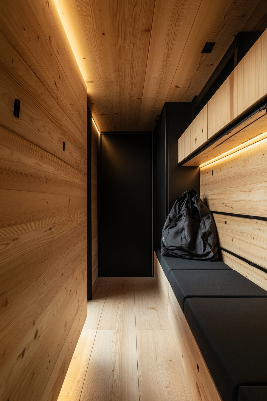 Sprinter 170 interior. Cedar-lined walls with black fittings, surrounded by elements of Mountain Ridge Basecamp.