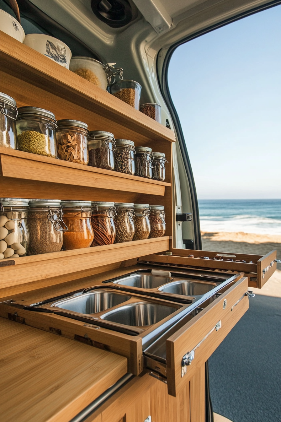 Mercedes Sprinter interior. Bamboo fold-down counters with intricate vertical spice racks, beachside.
