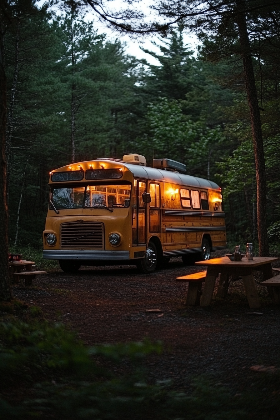 Short bus. Reclaimed wood interior and polished steel features at the dusk-tinted forest campsite.