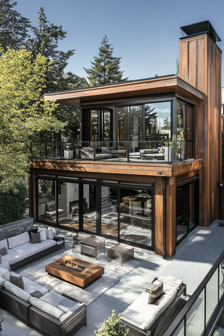Split-Level Design with Rooftop Deck. Wood paneling, large glass windows, outdoor fireplace.