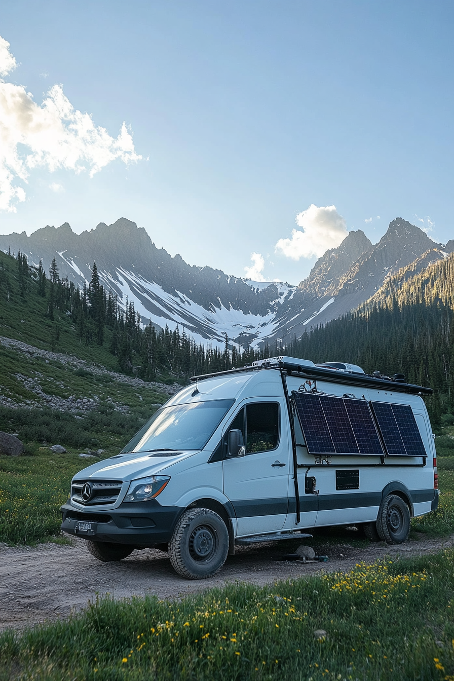 4x4 Sprinter. Solar system setup with mountain-framed reflective photovoltaic panels.