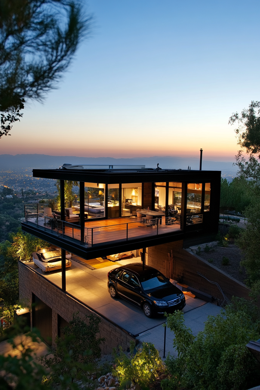 Split-level design. Rooftop deck with valley vista, mounted parking.