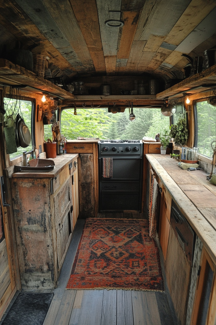 Short bus interior. Reclaimed wood cabinets, steel accents and forest foreground.