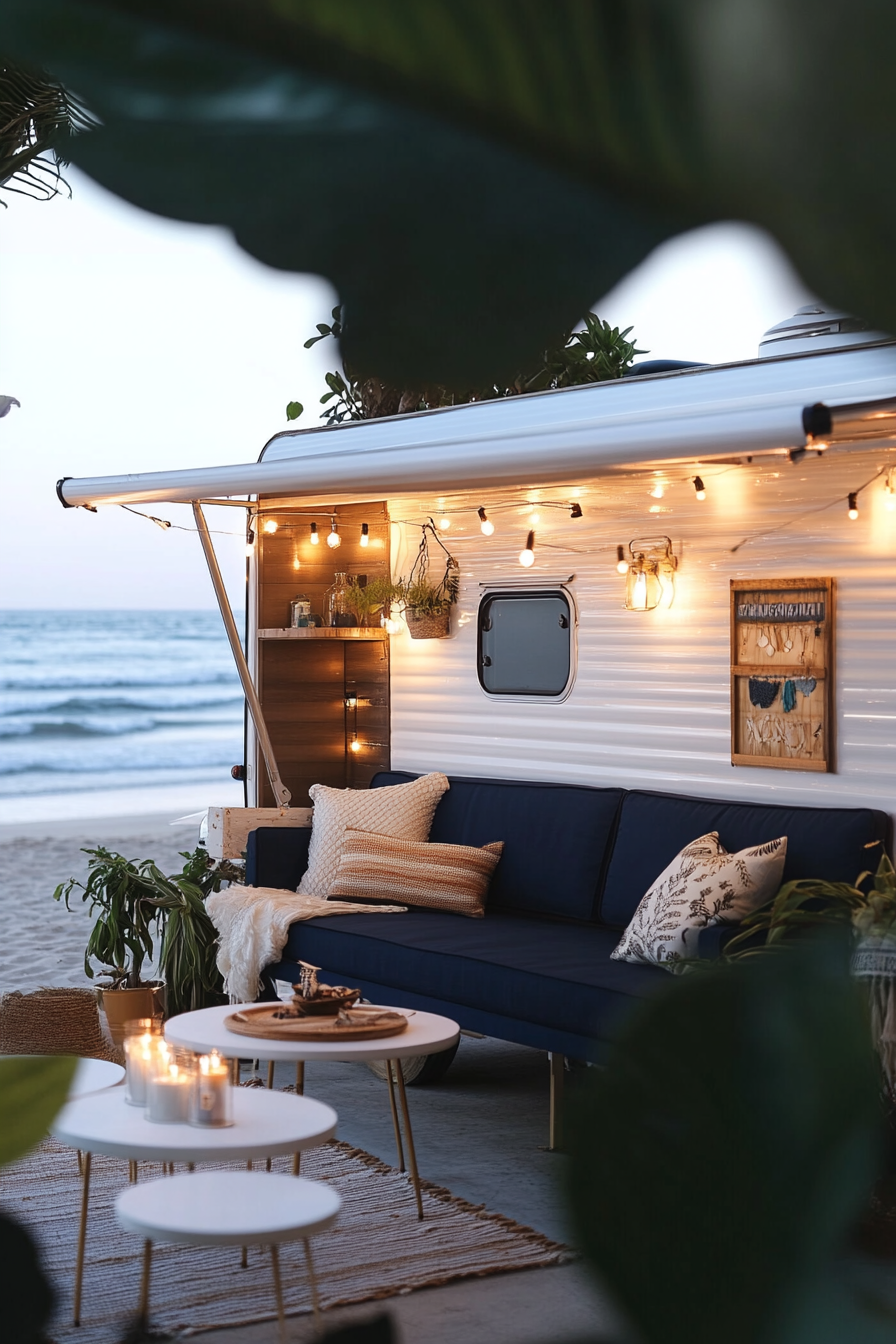 Travel trailer. Navy sofa, white tables, brass fixtures, parked at a beachfront.