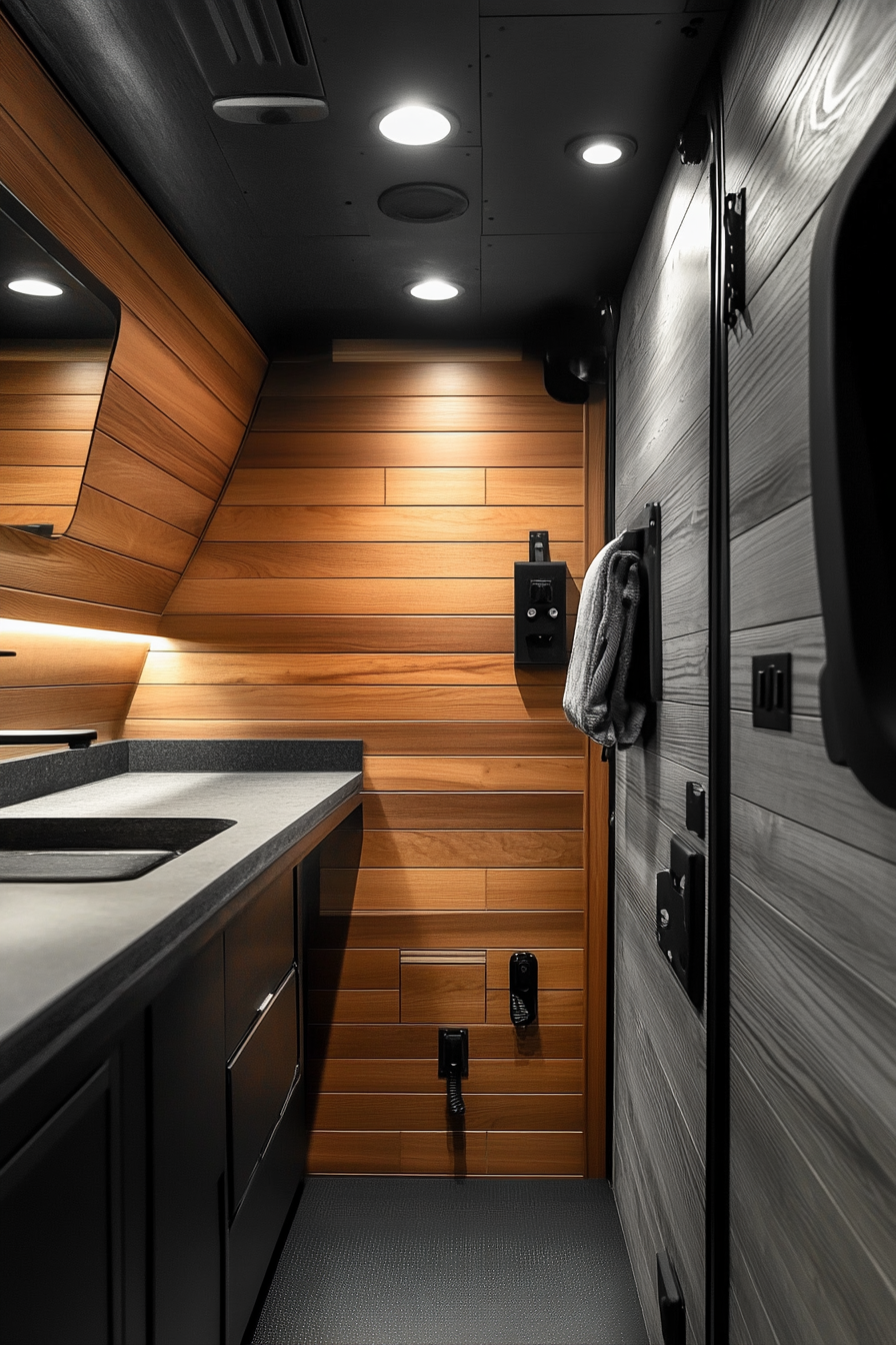 Sprinter 170 Interior. Cedar-lined walls, Mountain Ridge basecamp, black hardware.