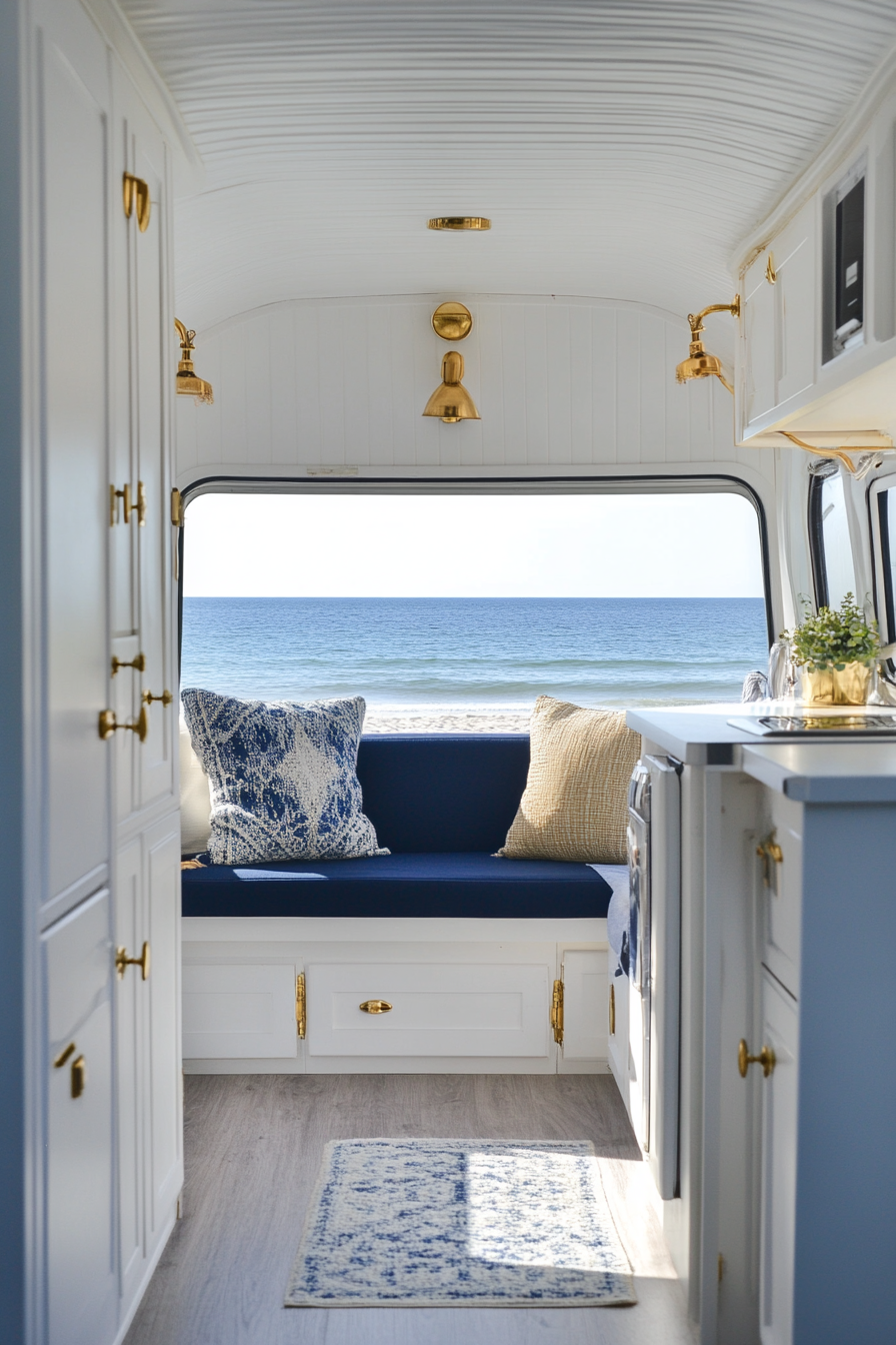 Travel trailer interior. Navy upholstery, white cabinetry with brass handles, beach view.