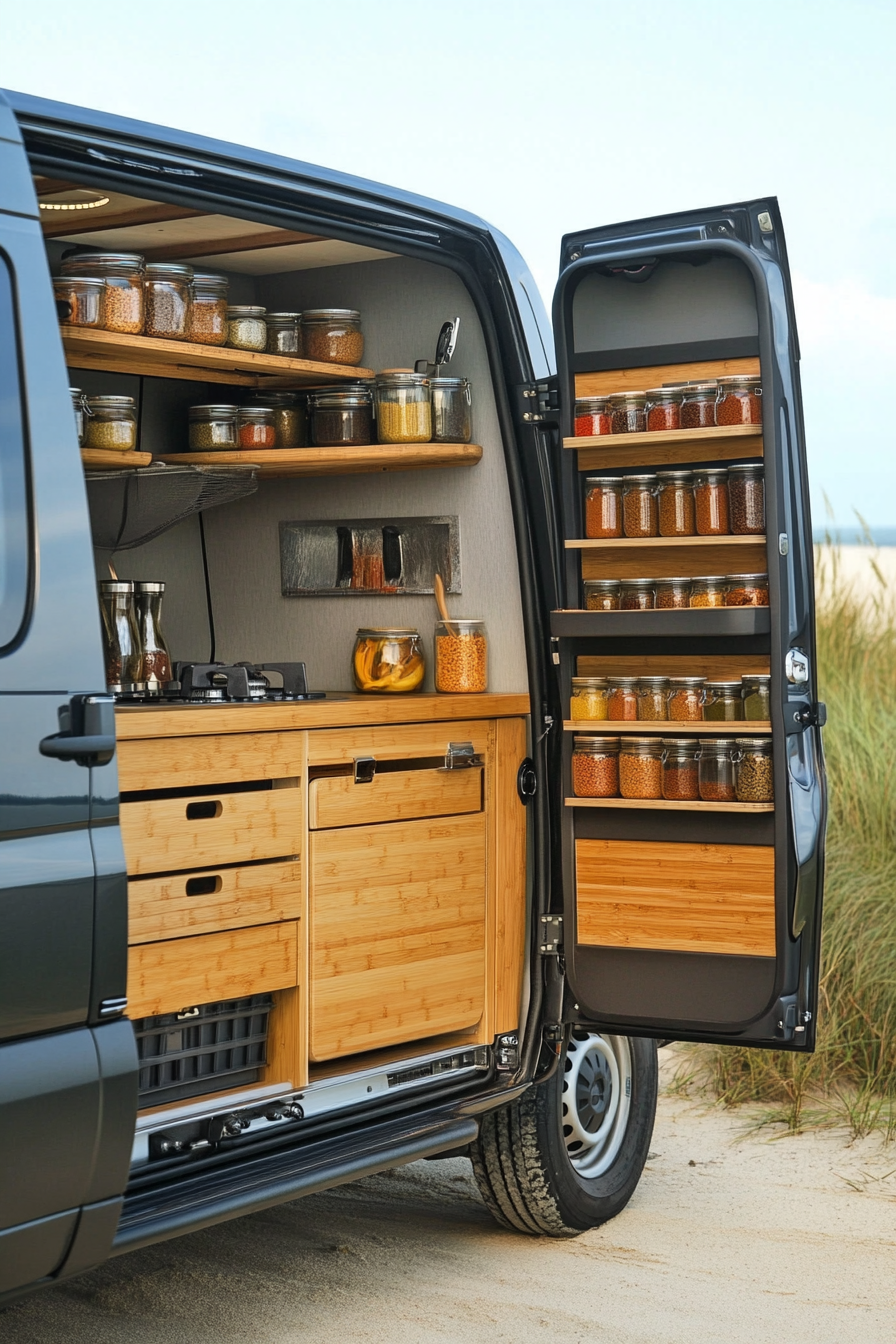 Mercedes Sprinter. Beachside with fold-down bamboo counters and vertical spice racks.