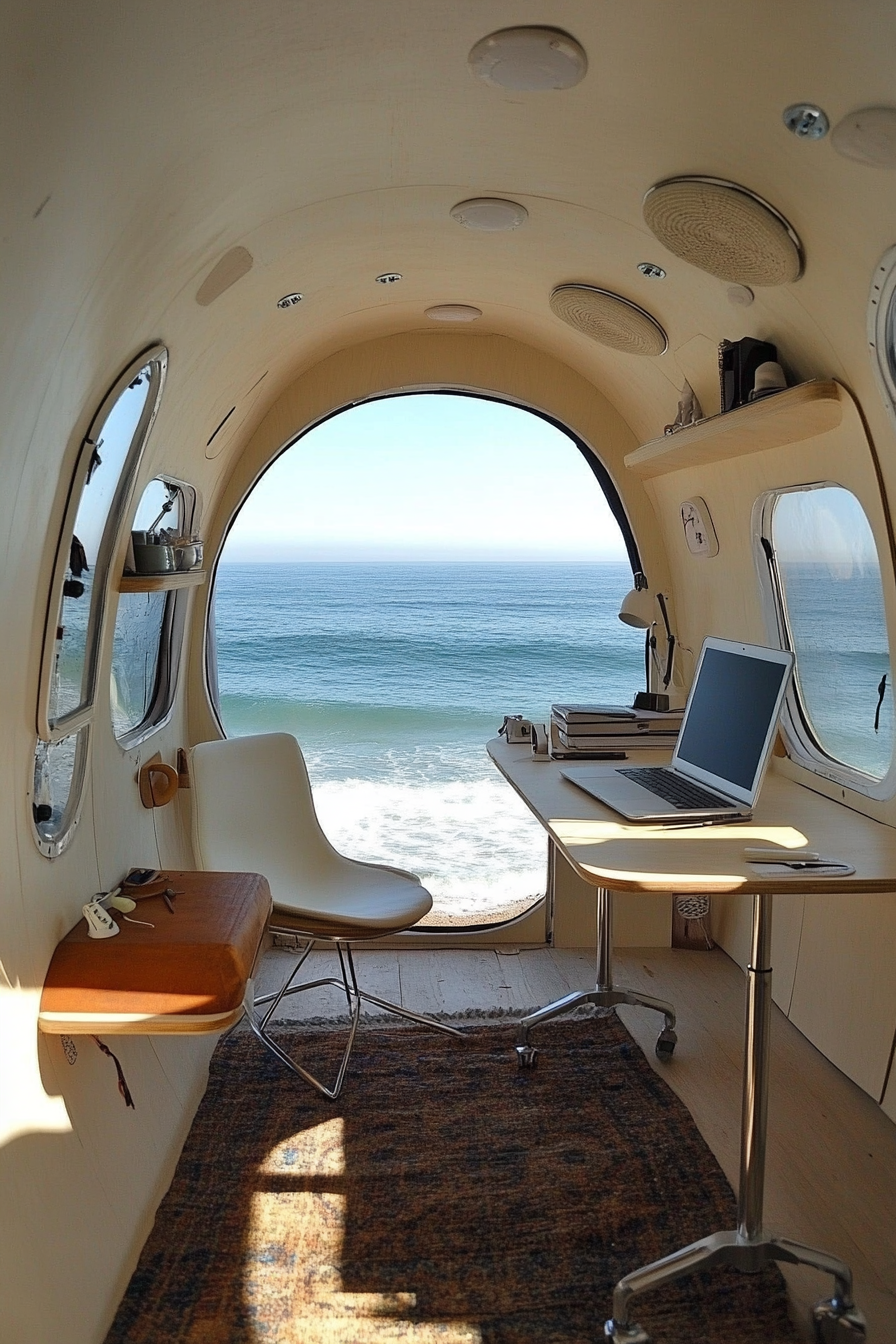 Teardrop trailer. Standing desk office expansion, gazing into azure sea waves.