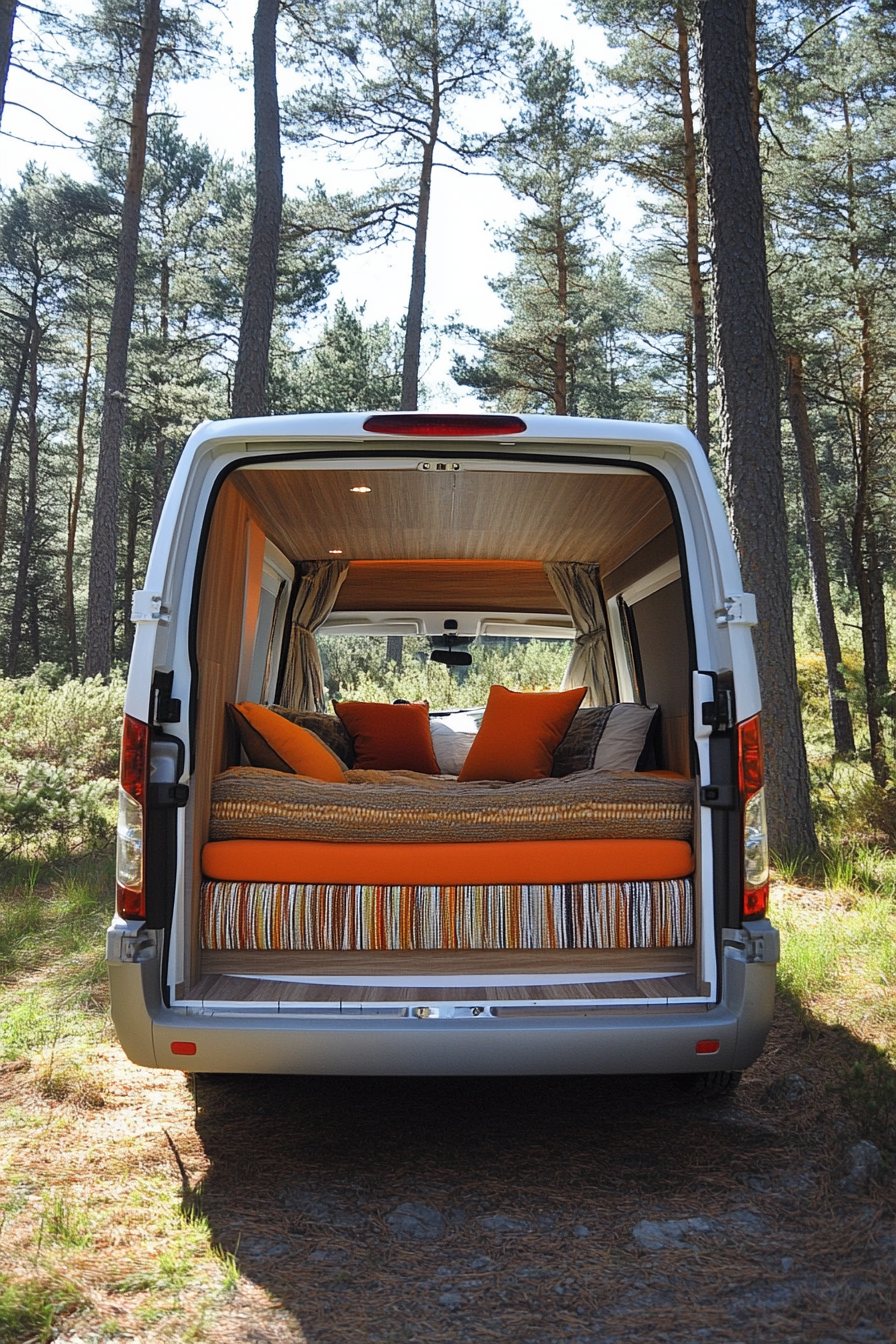 Ford Transit conversion. Convertible woven textile bed-to-lounge, situated in a pine forest.