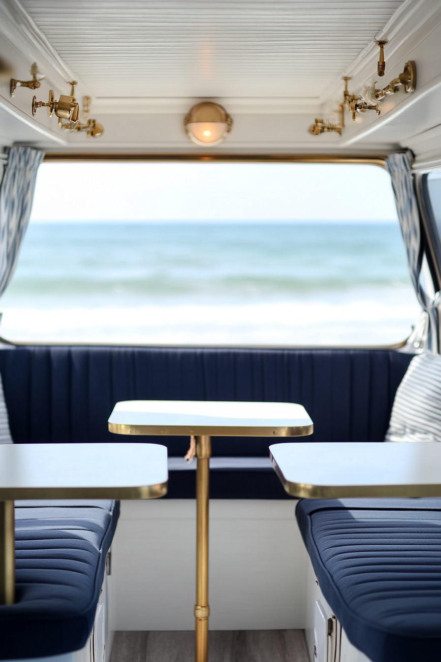Travel trailer. Navy seats with white tables, brass detailed handlebars, parked by the beachfront.