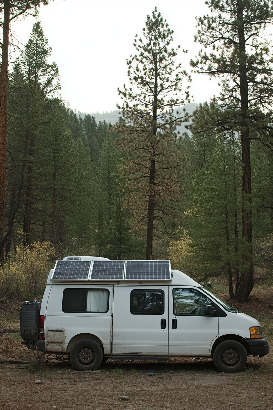 Transit Connect. Solar panels on roof, composting toilet inside, parked near a wooded national park.