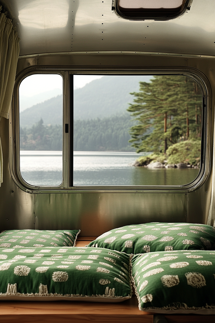 Airstream Classic scene. Shoji screen divider, emerald floor cushions, lakeside backdrop.