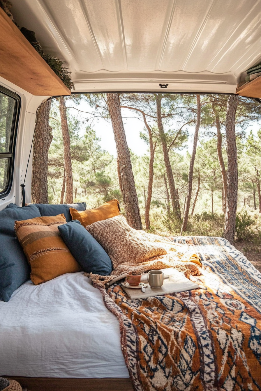Ford Transit conversion. Woven textile convertible bed-to-lounge, surrounded by pine forest.