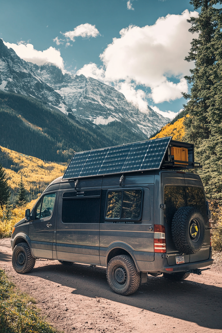 4x4 Sprinter. Flat-panel solar system, in-built water filtration, located on remote mountain service road.
