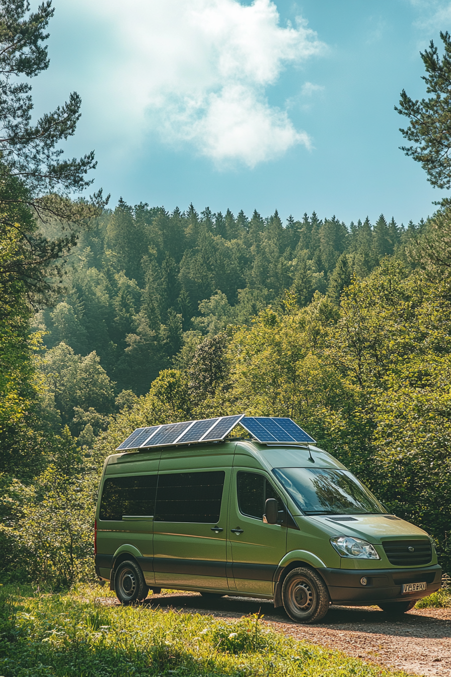 Transit Connect. Solar panel array atop nature-toned green van in a national park.