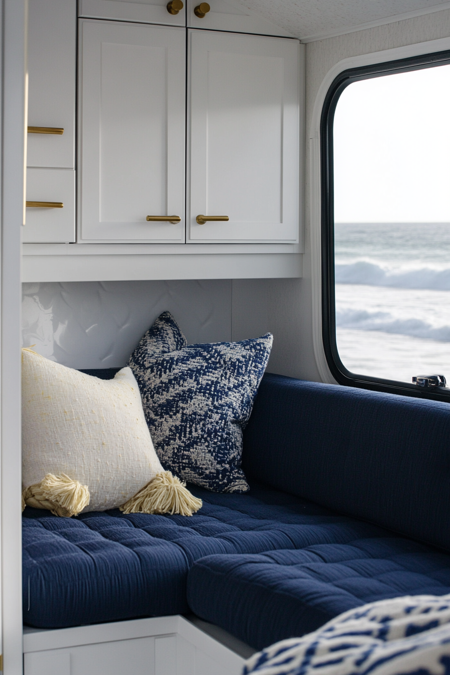 Travel trailer. Navy seats, white cabinets, brass handles, parked near ocean waves.