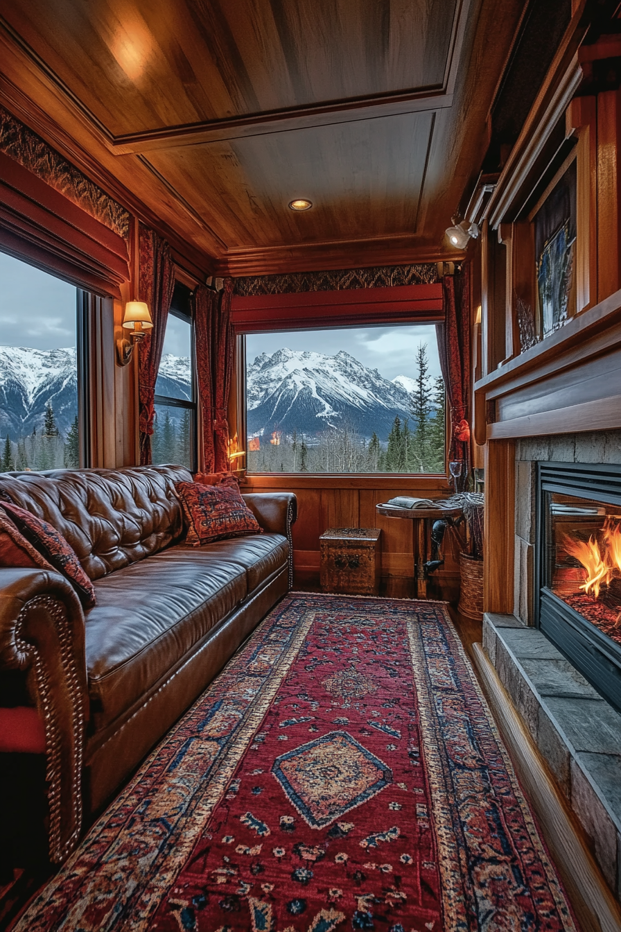 Fifth Wheel. Leather reading lounger, maroon oriental rugs, timber fireplace, panoramic snow-capped peak views.