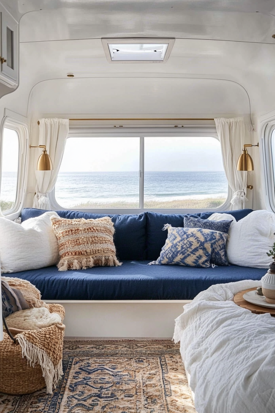 Travel trailer. Navy sofas, white walls, brass accents, beachfront view.