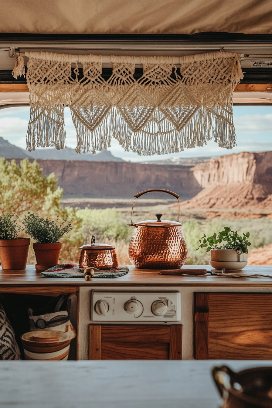 Pop-Up Camper interior. Macramé wall hangings, copper pots, facing red rock vista.
