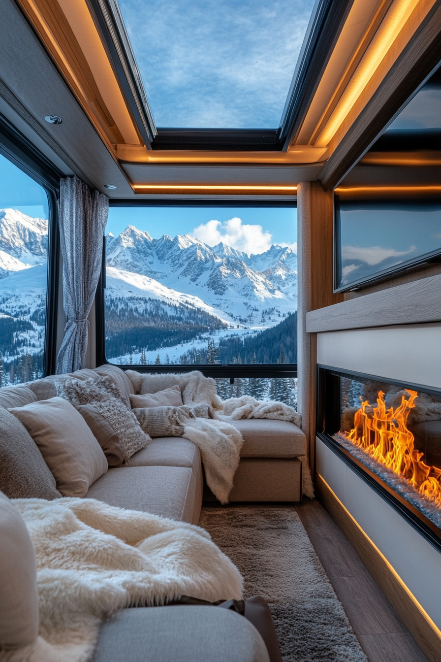 Fifth wheel interior. Panoramic window lounge overlooking snow-capped peaks and fireplace ambiance.
