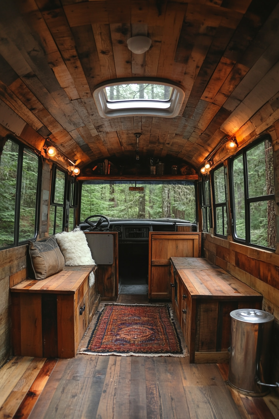 Short bus interior. Reclaimed wood paneling, steel fixtures, parked in coniferous forest.