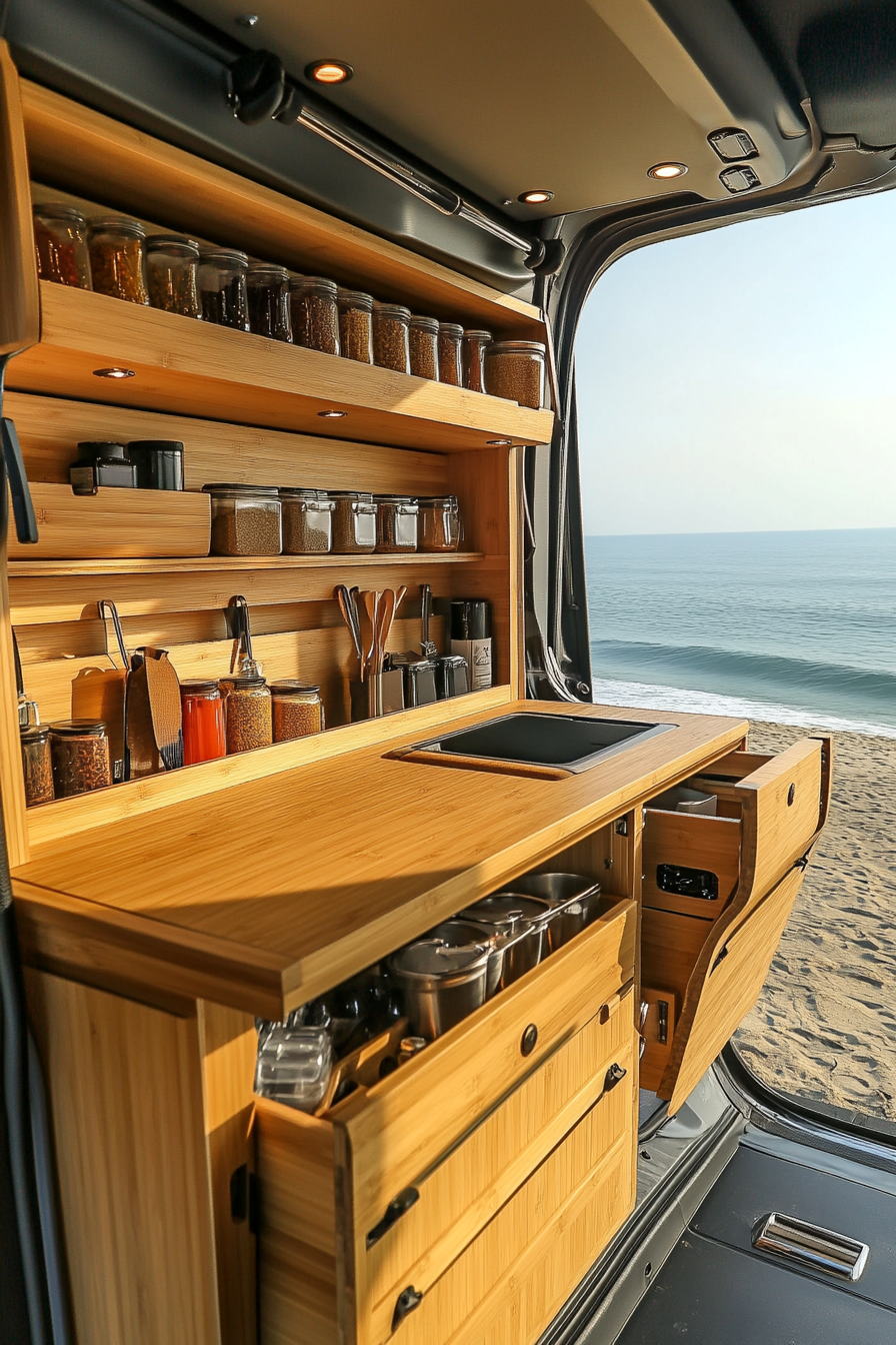 Mercedes Sprinter interior. Fold-down bamboo counter with vertical spice rack by the beach.