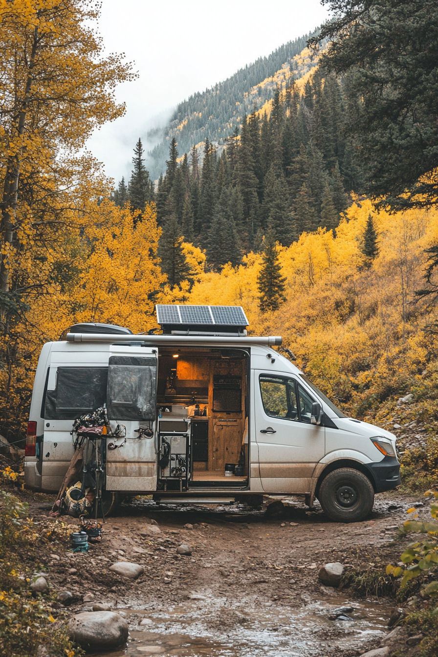 4x4 Sprinter setup. Solar system, water filtration, remote mountain location.