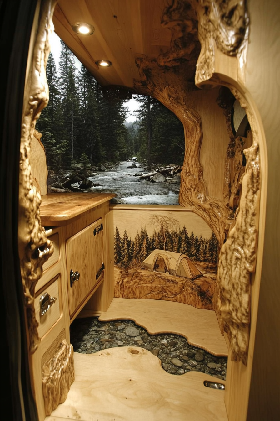 Dodge Ram Van Interior. White oak cabinetry, hidden pulls, resembling mountain stream campsite.