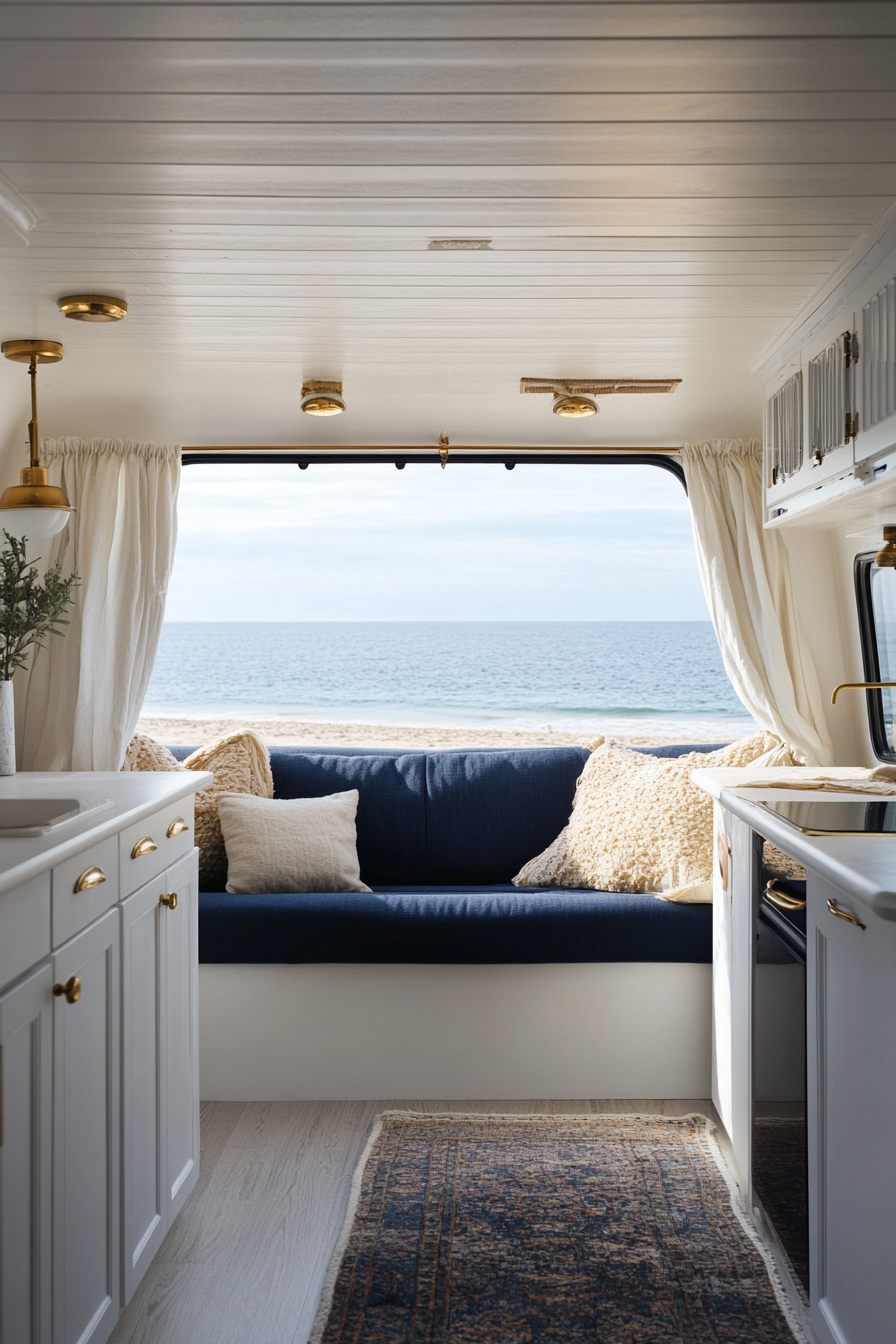 Travel trailer. Navy sofa, white cabinets, brass fixtures, parked on sandy beach.