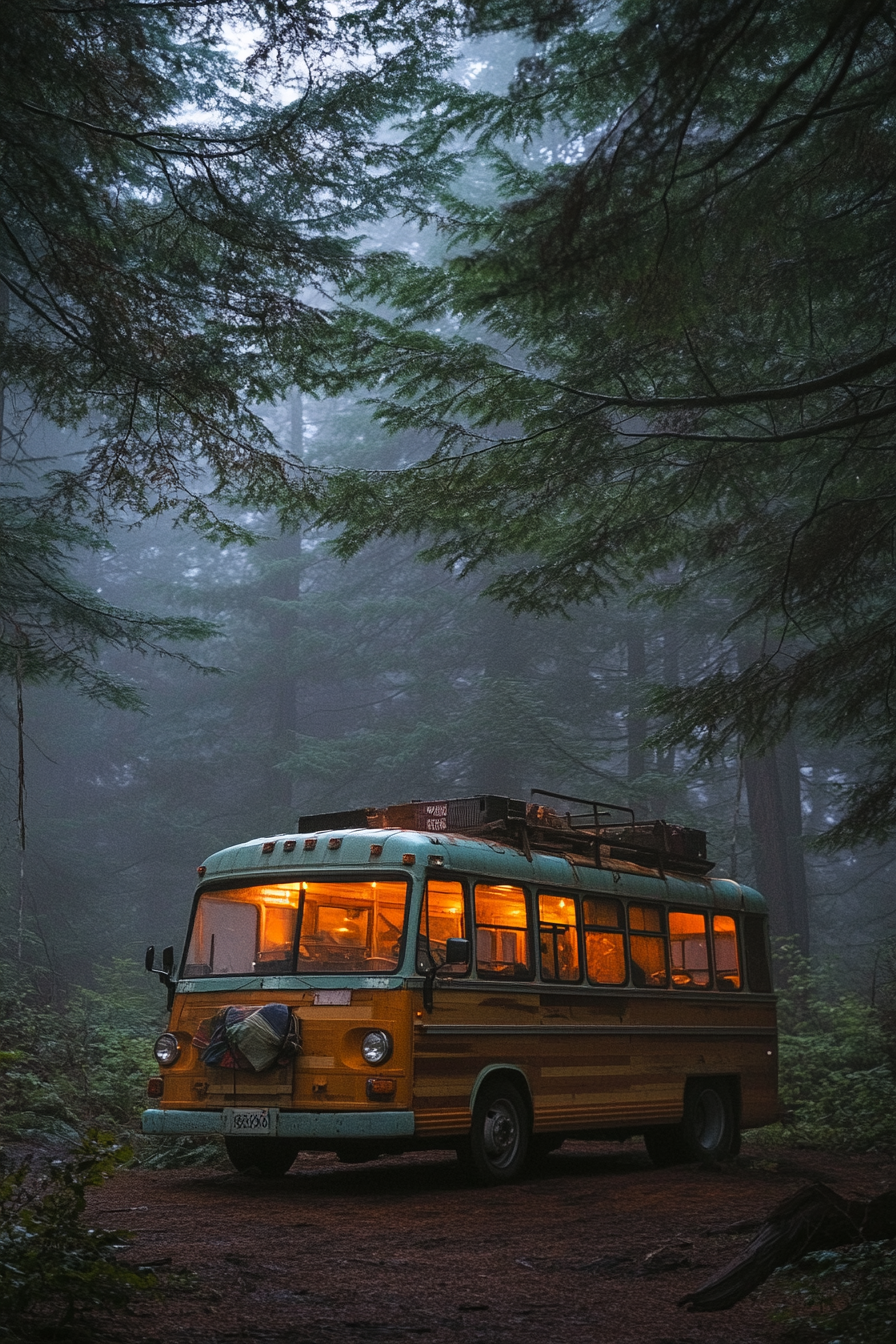 Short bus with reclaimed wood interior, parked in a dew-kissed forest camp ground.