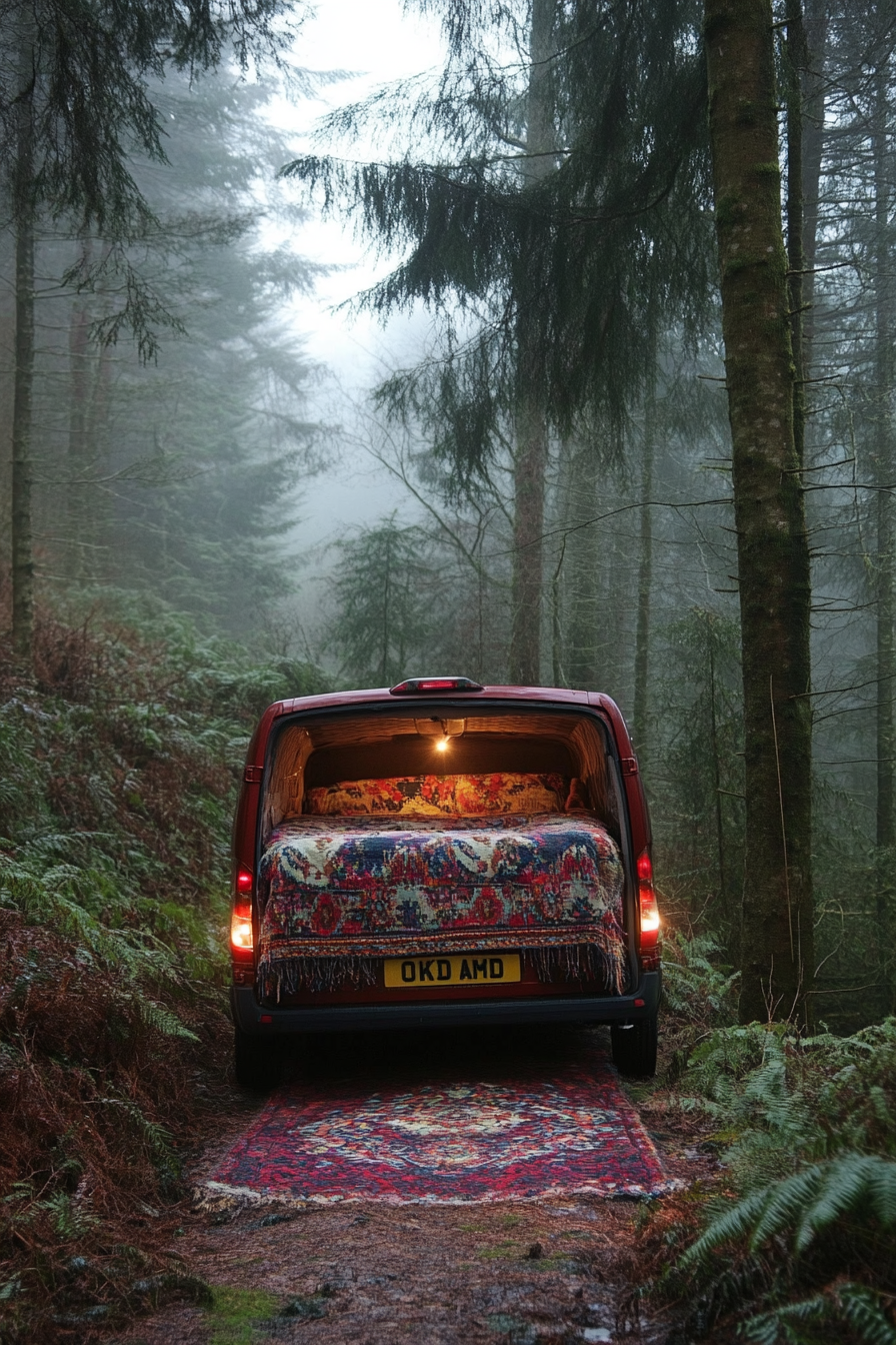 Convertible Ford Transit bed-to-lounge. Woven textile, surrounded by tall, ethereal pine forest.