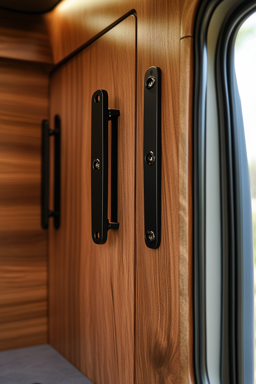 Sprinter 170 interior. Cedar lines with black hardware, Mountain Ridge Basecamp features.
