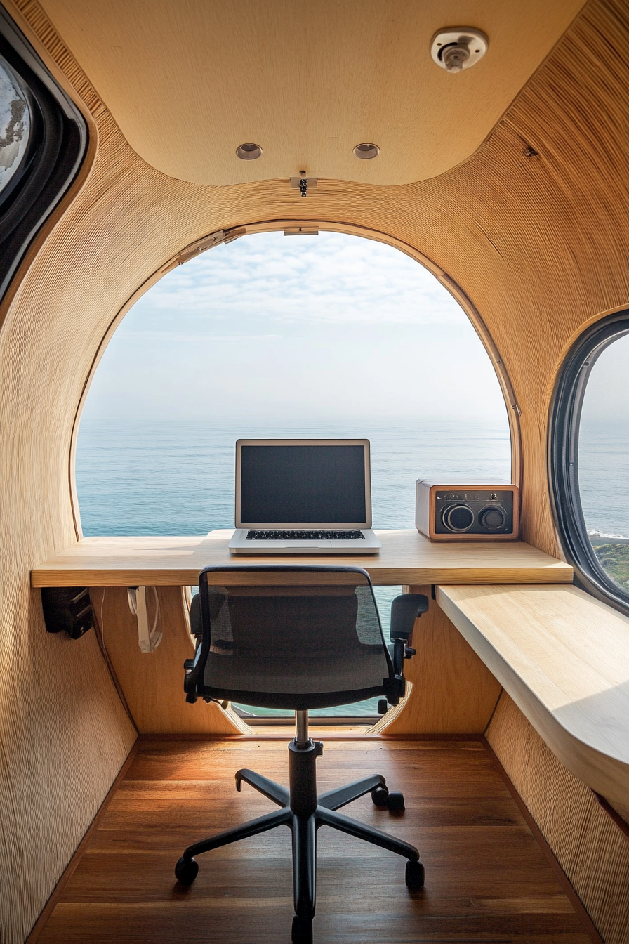 Teardrop trailer office. Ocean view with built-in standing desk.