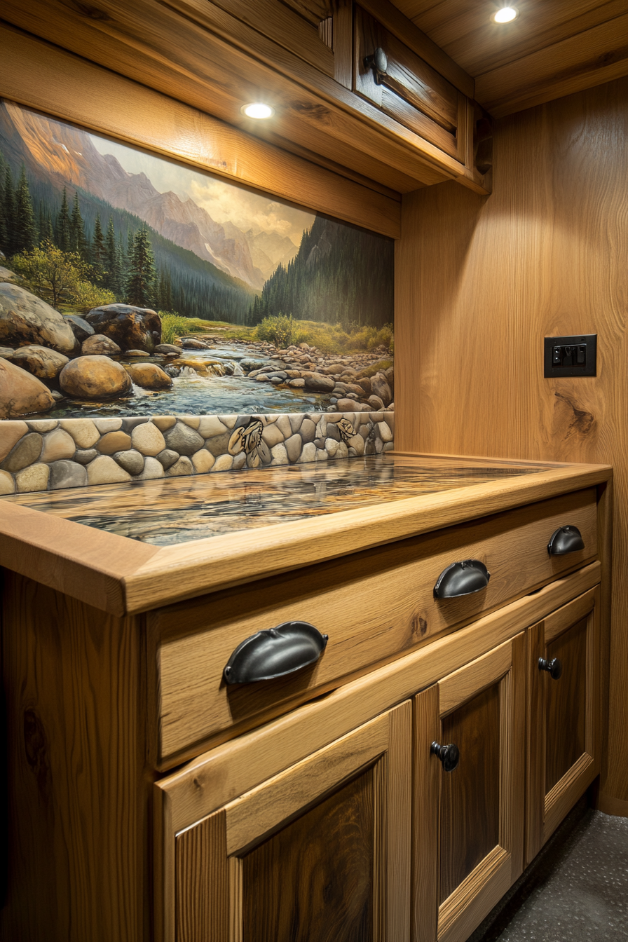 Dodge Ram Van interior. Mountain stream vignette, outfitted with white oak cabinetry, hidden pulls.