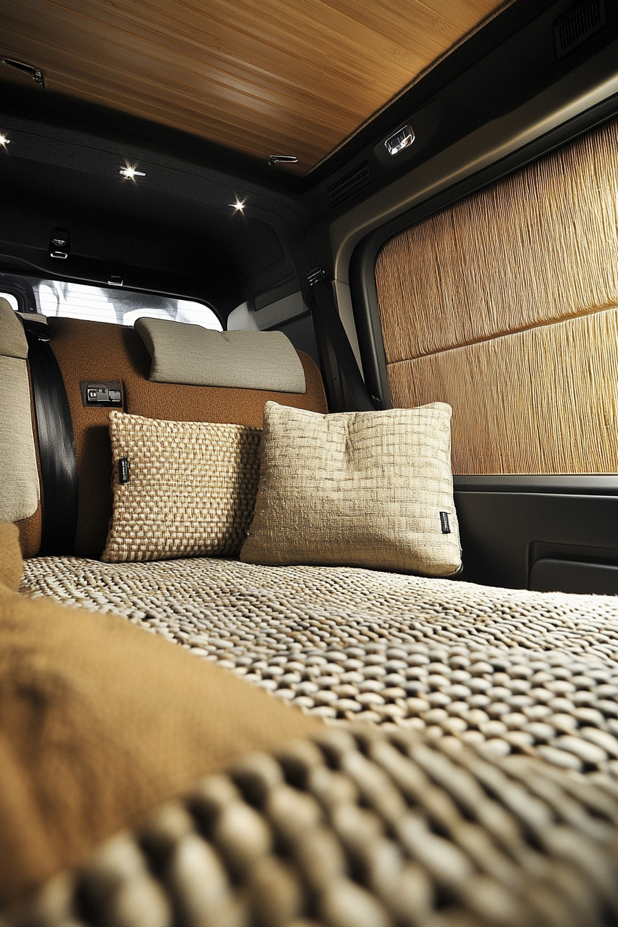 Ford Transit Interior. Convertible bed-to-lounge featuring earth-toned, woven textiles, encased in fragrant pine woods.