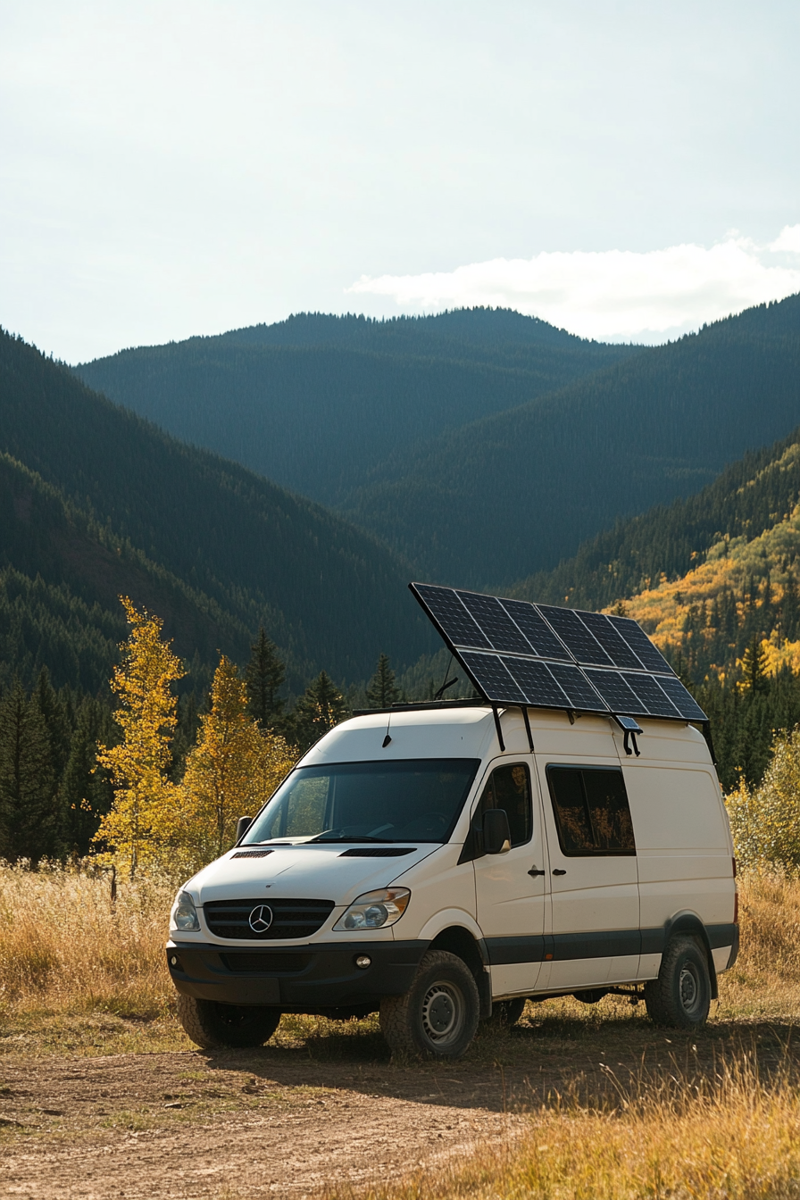 4x4 Sprinter. Solar panel array on white painted roof.