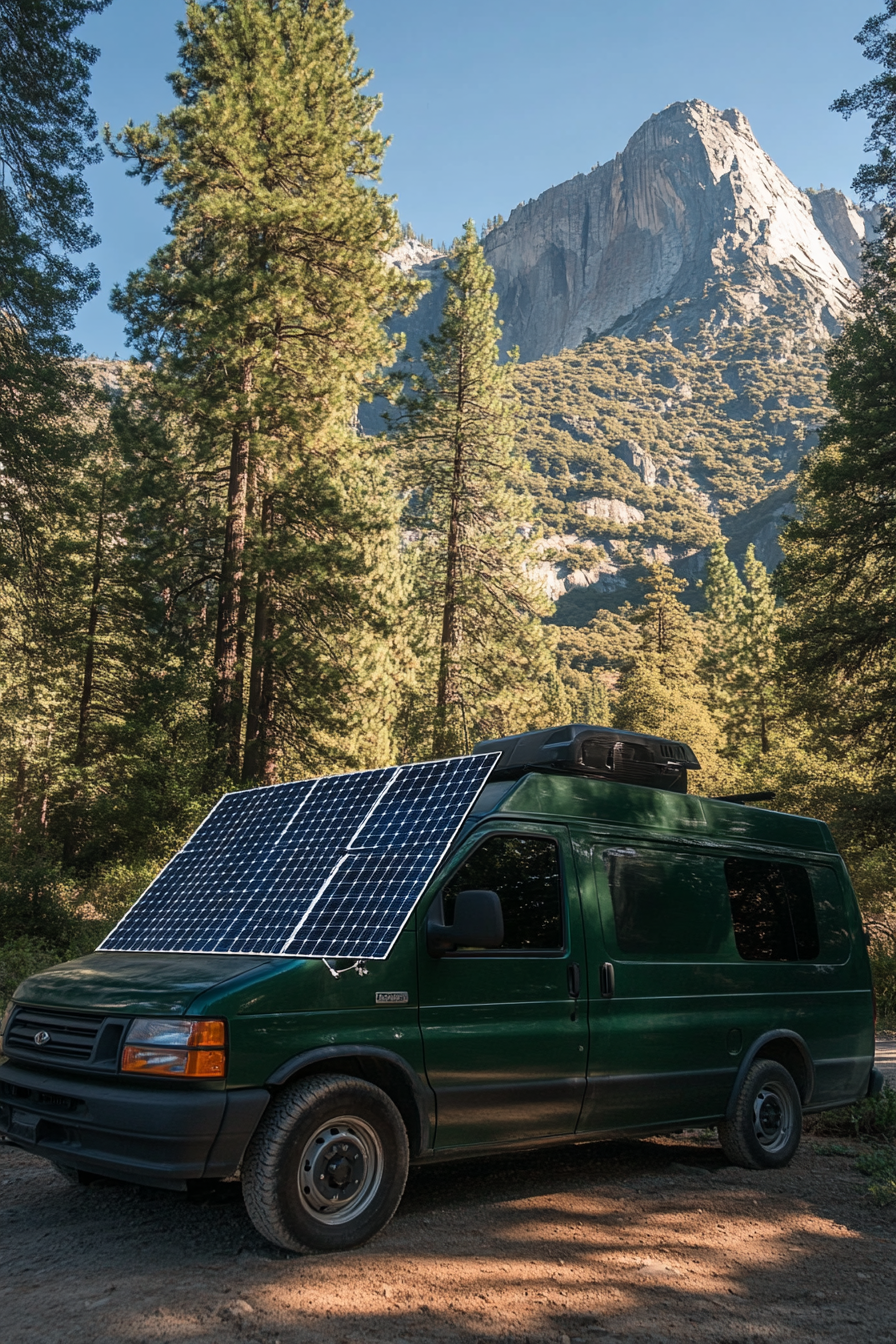 Transit Connect. Solar panel array sprawled over a forest green van, parked adjacent to Yosemite.
