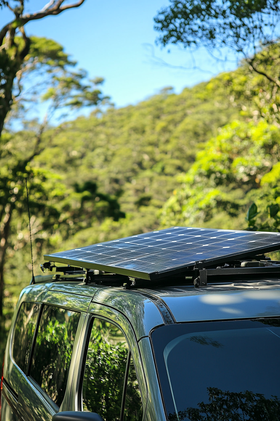 Transit Connect. Solar panel array fitted atop a parked vehicle, adjacent to a national park.