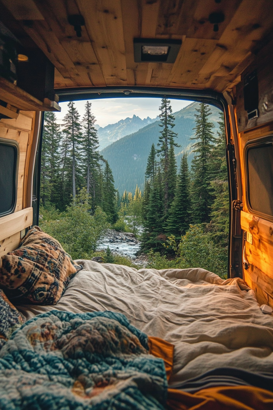 Dodge Ram Van interior. white oak cabinetry, hidden pulls, beside mountain stream campsite.