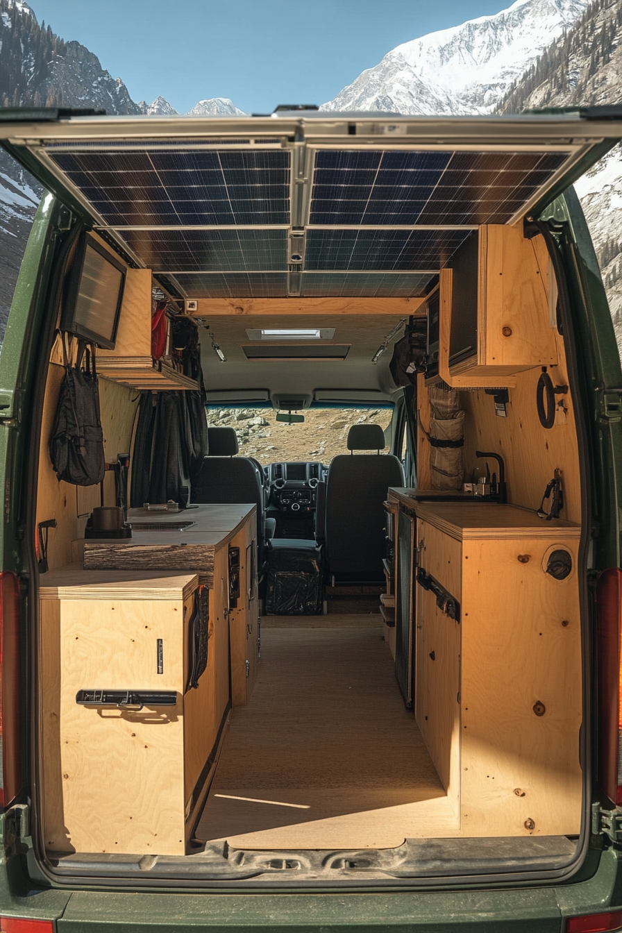 4x4 Sprinter. Solar panels, internal water filtration, fitted for remote mountain usage.