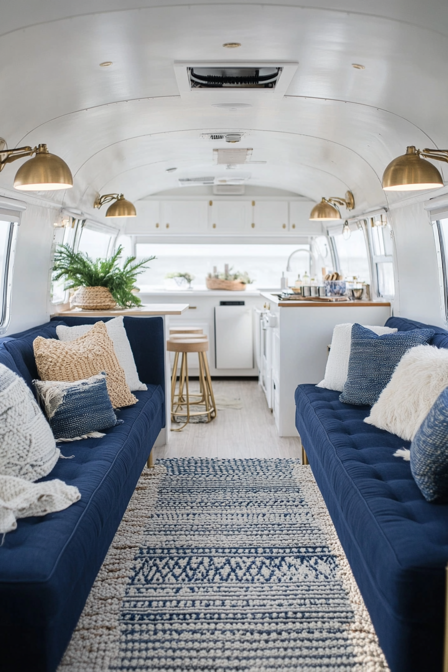 Travel trailer interior. Navy sofas, white walls, brass lighting fixtures, parked at beachfront.