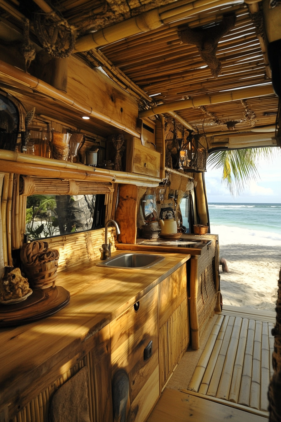 Mercedes Sprinter interior. Bamboo counters with fold-down mechanism, beachside.