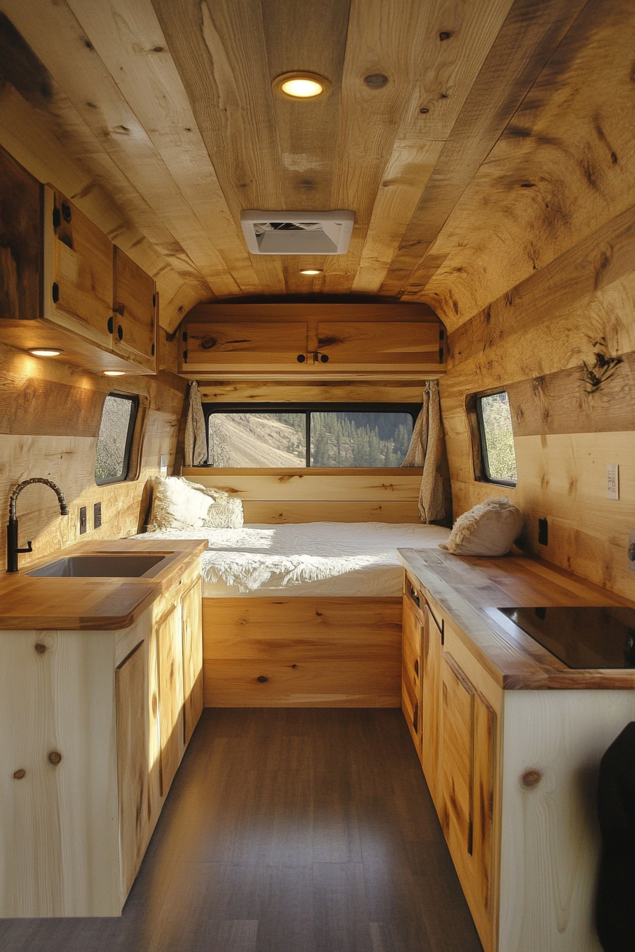 Dodge Ram Van interior. Pale white oak cabinetry, Mountain Stream Camp-inspired design.