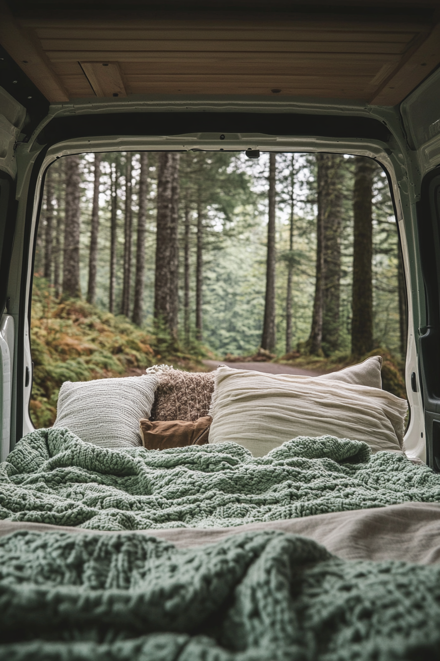Ford Transit convertible bed-to-lounge. Sage green woven textiles, pine forest backdrop.