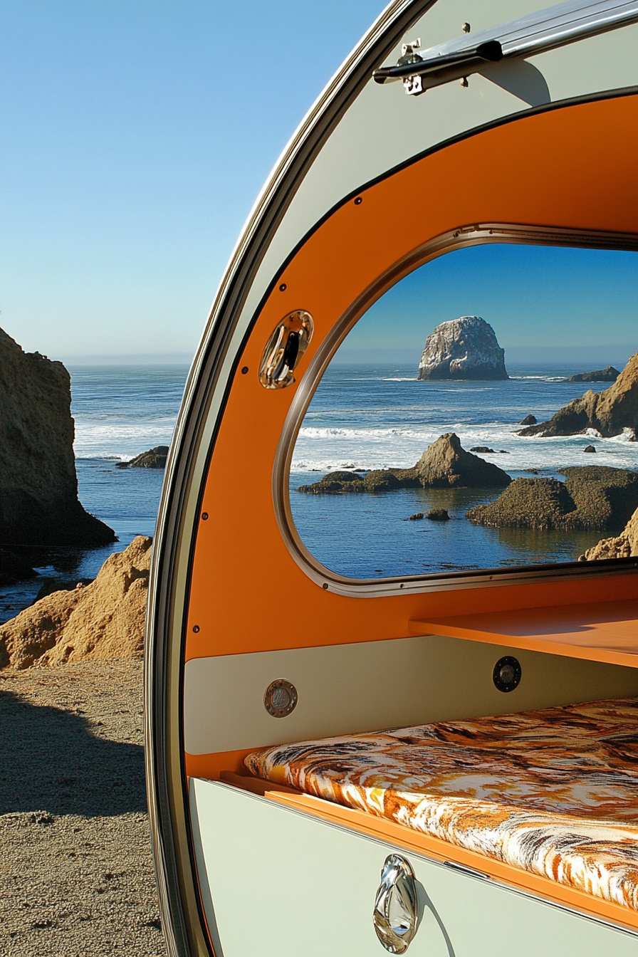 Teardrop trailer: Expandable side office featuring blue glass window with Pacific coast scenery.