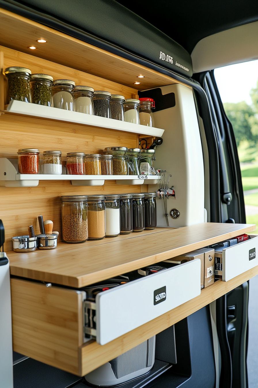 Mercedes Sprinter interior. Fold-down bamboo counter by a white vertical spice rack.