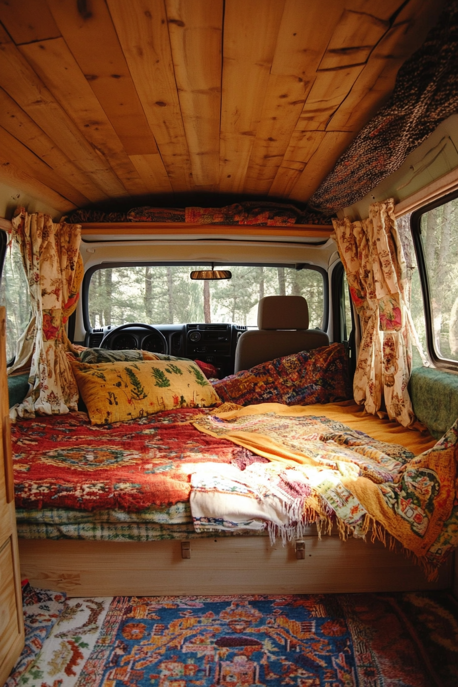 Ford Transit Interior. Convertible bed-to-lounge using woven textiles, surrounded by a pine forest.